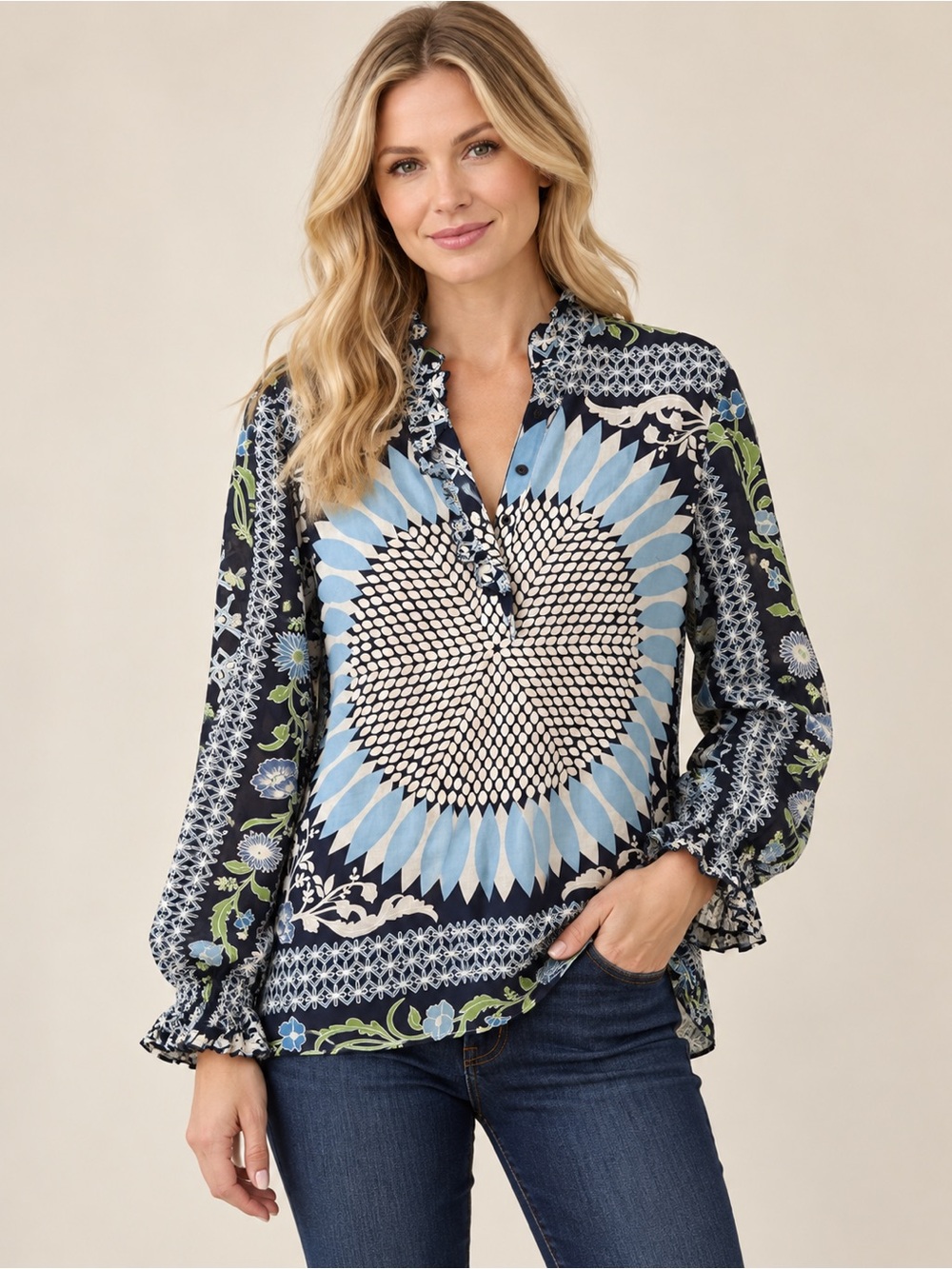 Tory Burch Navy Floral Medallion Long-Sleeve Blouse